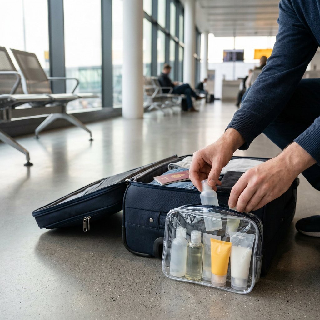 Open handbagagekoffer met transparant toilettasje en kleine reisflesjes op een airportbank, klaar voor veiligheidscontrole.