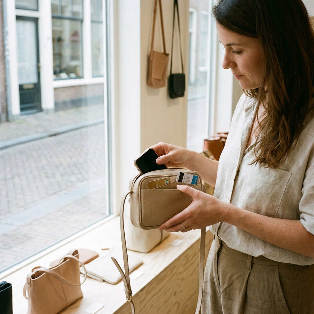 Vrouw bekijkt in een lichte boetiek een compact crossbody tasje waarin telefoon en pasjes netjes passen, met aandacht voor vakken en formaat.