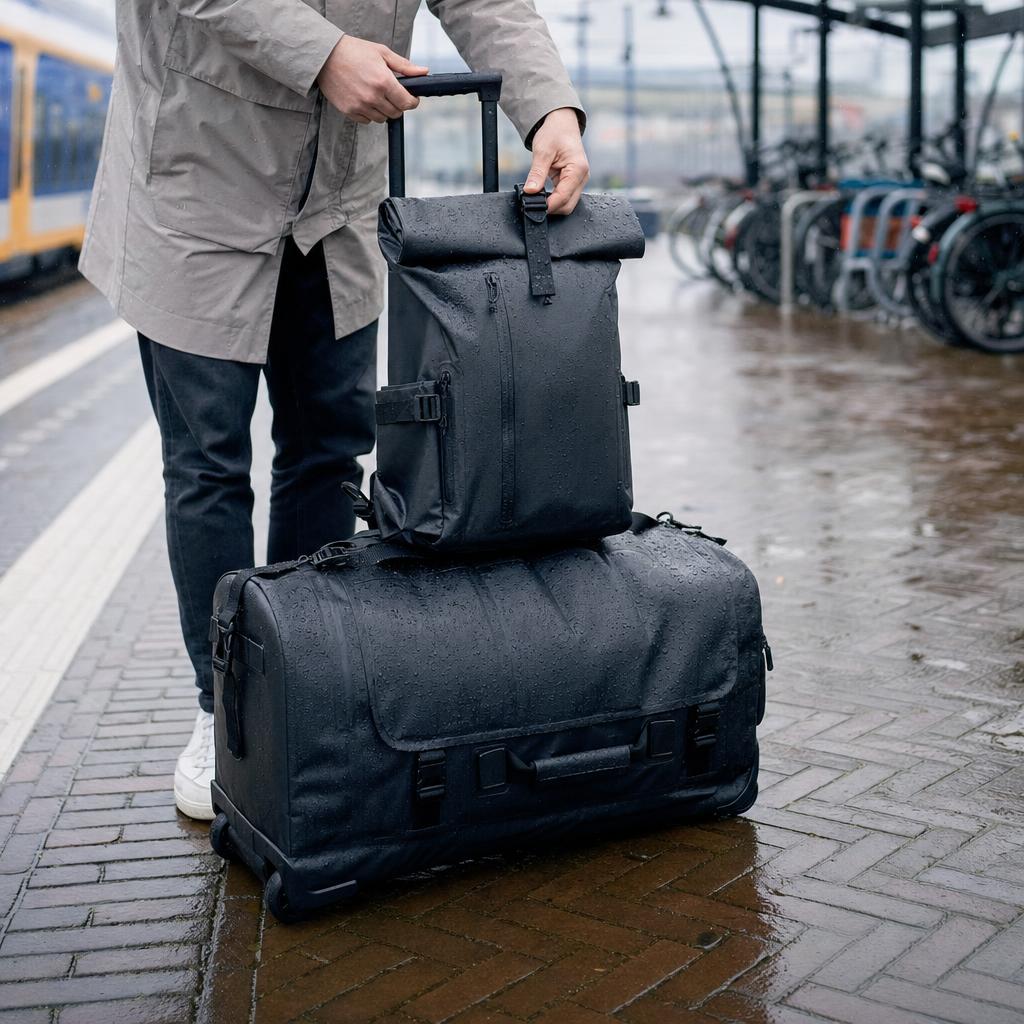 Vandtæt duffeltaske og underseater i regn med vanddråber på materialet