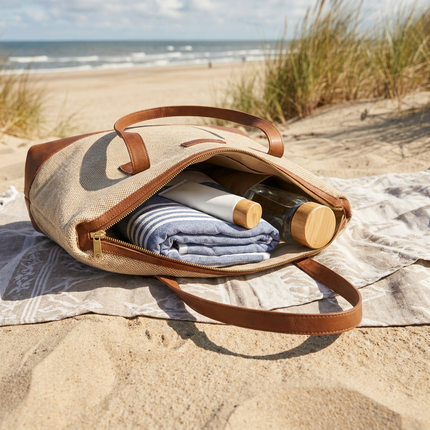 Ruime strandtas met rits van canvas staat op een handdoek op een zonnig zandstrand, met zonnebril, handdoek en zee op de achtergrond.
