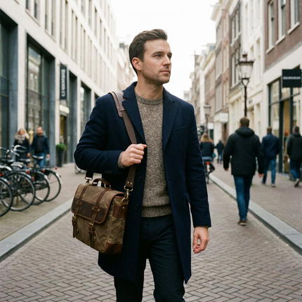 Stijlvolle man draagt een leren schoudertas terwijl hij door een moderne Europese winkelstraat loopt, met een zakelijke en praktische uitstraling.