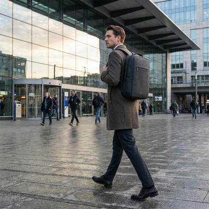 Jonge professional loopt door een Europees stationsgebied met een moderne anti diefstal rugzak, subtiele details en een veilige, stijlvolle uitstraling.