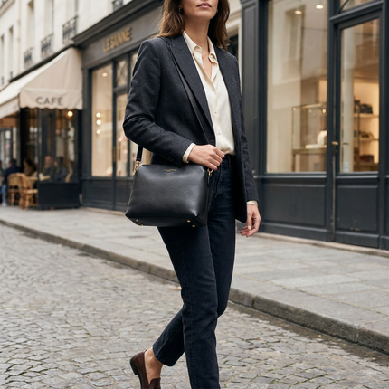 Elegant geklede vrouw draagt een zwarte schoudertas in een lichte Europese winkelstraat, met focus op materiaal, formaat en dagelijks gebruik.