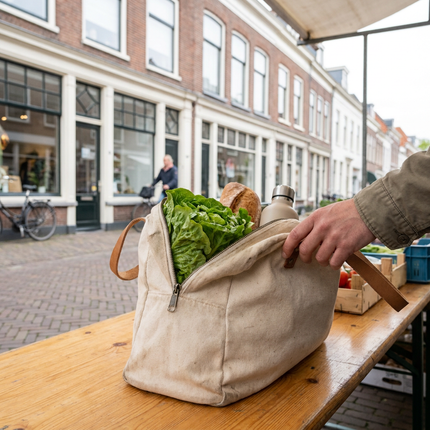 Ruime boodschappentas met rits staat op een marktkraam in een Nederlandse winkelstraat, gevuld met verse boodschappen in zacht daglicht.