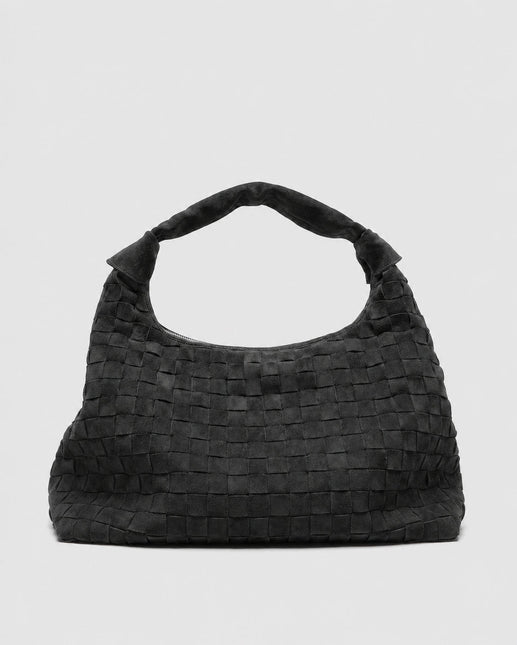 Núnoo Maxi Dandy Borsa a Spalla in Camoscio Intrecciato Nero