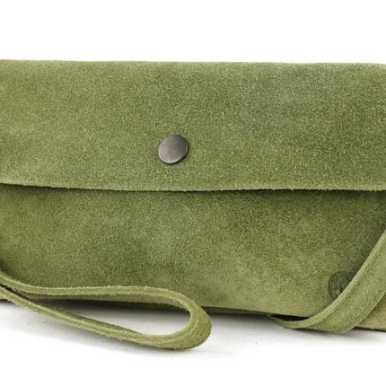 Bear Design Suede Leren Clutch/Mini Schoudertasje/ Brillen-etui Lydia Moss green