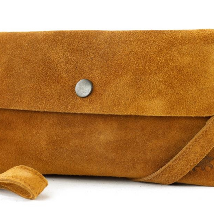 Bear Design Suede Leren Clutch/Mini Schoudertasje/ Brillen-etui Lydia Cognac