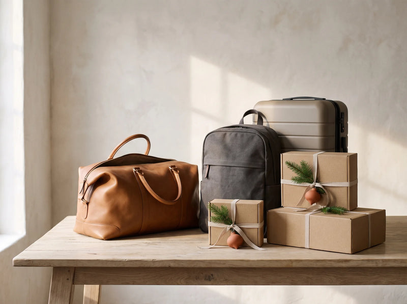 Firmengeschenke: eine Weekender-Tasche aus Leder, ein Laptop-Rucksack und ein Koffer neben verpackten Geschenkboxen