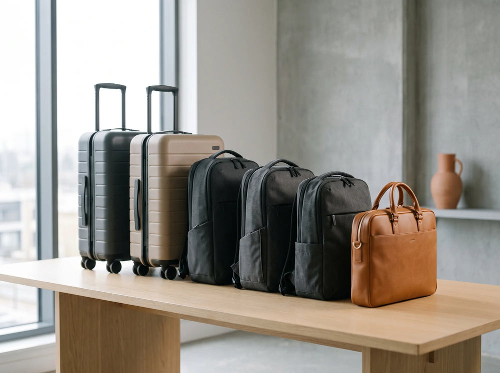 Geschäftsgepäck in einer Reihe auf einem Tisch: zwei Handgepäckkoffer, drei Laptop-Rucksäcke und eine Aktentasche aus Leder
