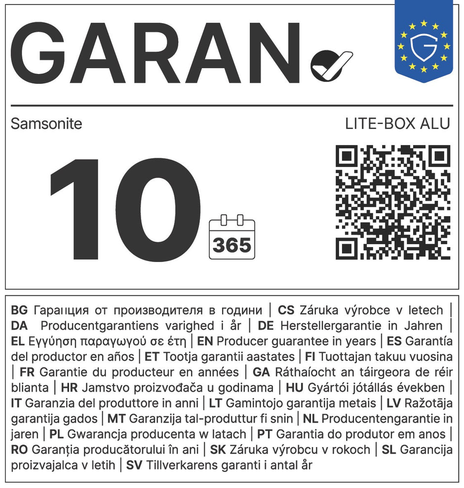 GARAN-merkki Samsonite Lite-Box Alu: tuottajan takuu 10 vuotta