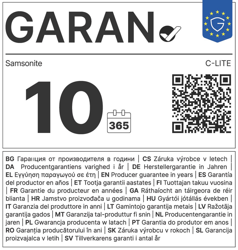 Etiqueta GARAN Samsonite C-Lite: garantia do produtor de 10 anos