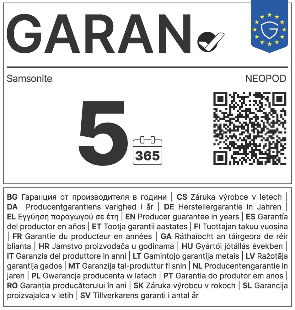 Etiqueta GARAN Samsonite Neopod: garantía del productor de 5 años