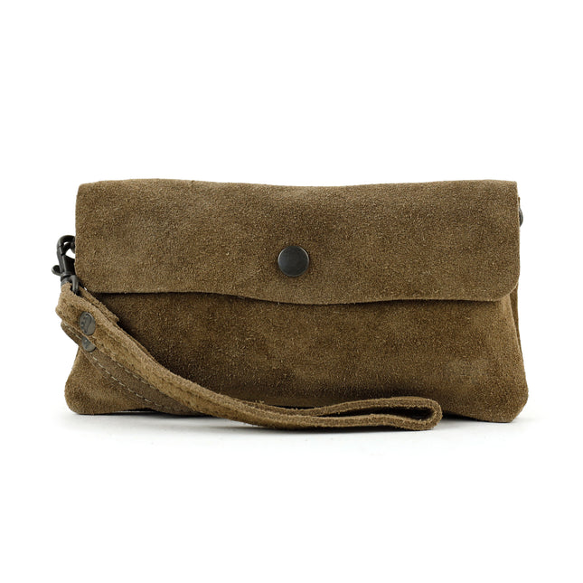 Bear Design Suede Leren Clutch/Mini Schoudertasje/ Brillen-etui Lydia Taupe