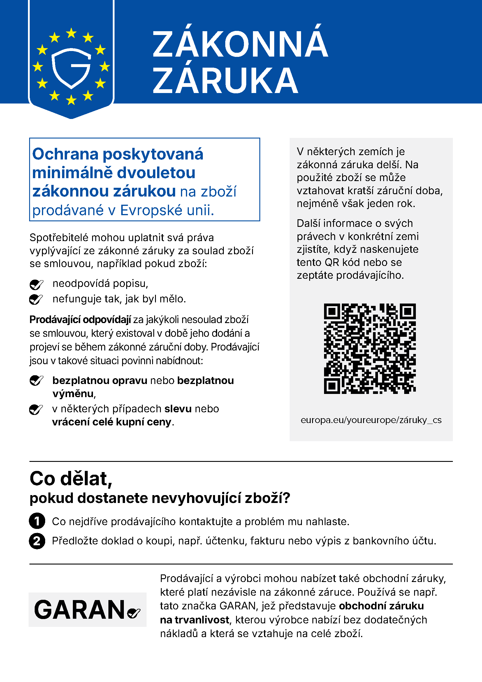 Oznámení EU o zákonné záruce: nejméně dva roky ochrany pro zboží prodávané v Evropské unii.