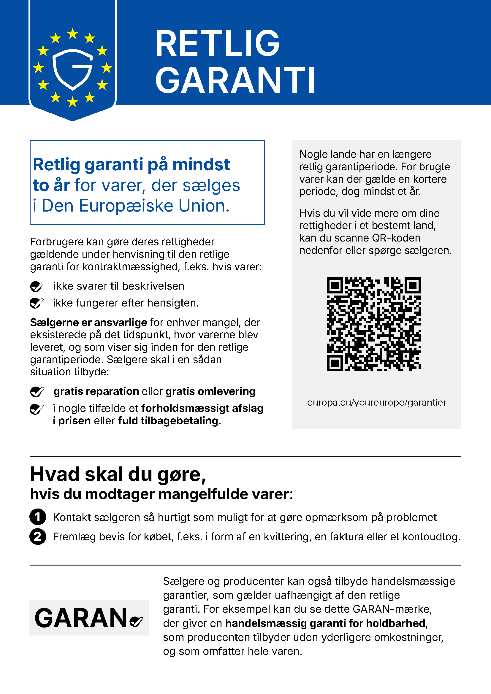 EU-meddelelse om retlig garanti: mindst to års beskyttelse for varer, der sælges i Den Europæiske Union.