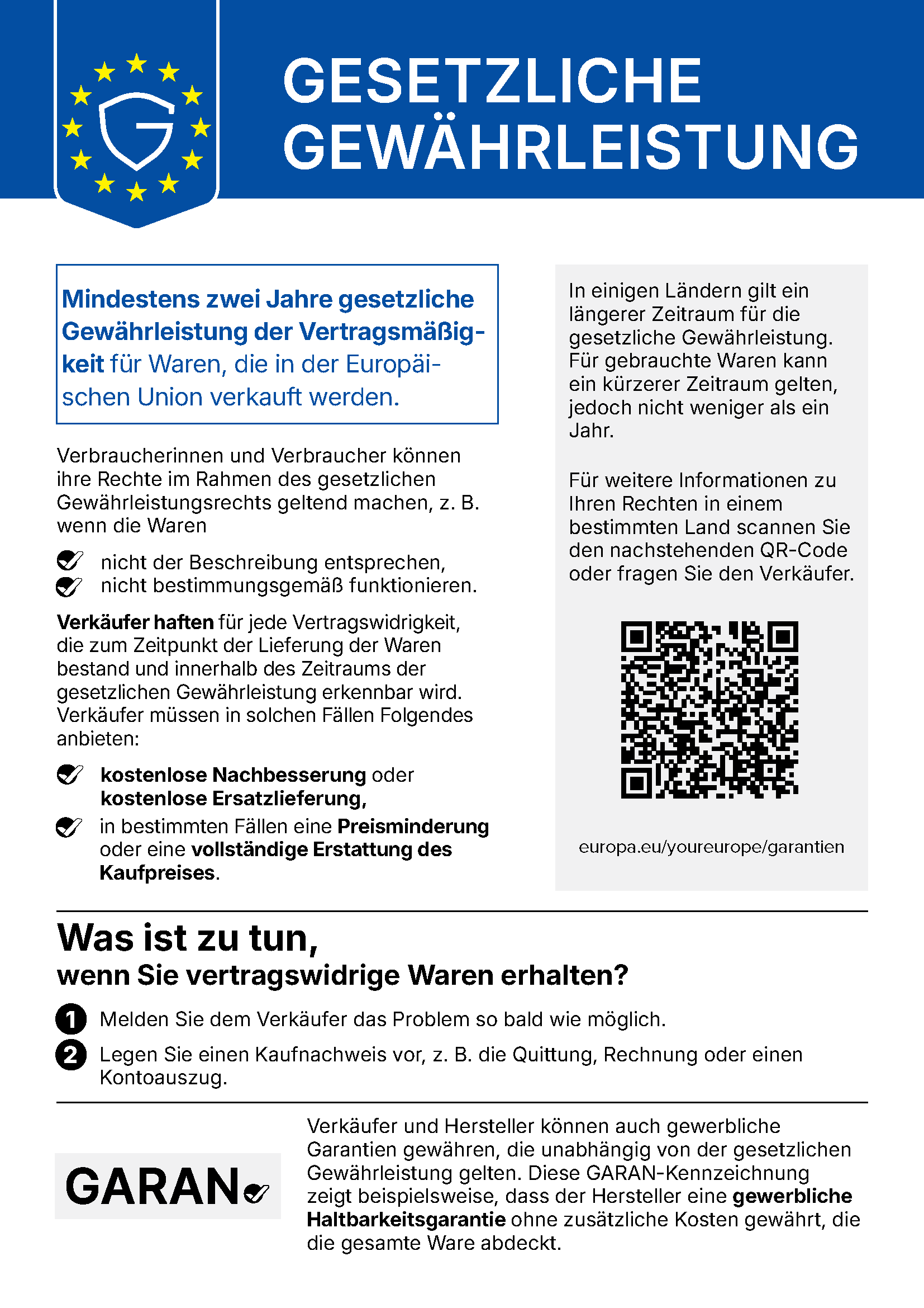 EU-Hinweis zur gesetzlichen Gewährleistung: mindestens zwei Jahre Schutz für Waren, die in der Europäischen Union verkauft werden.