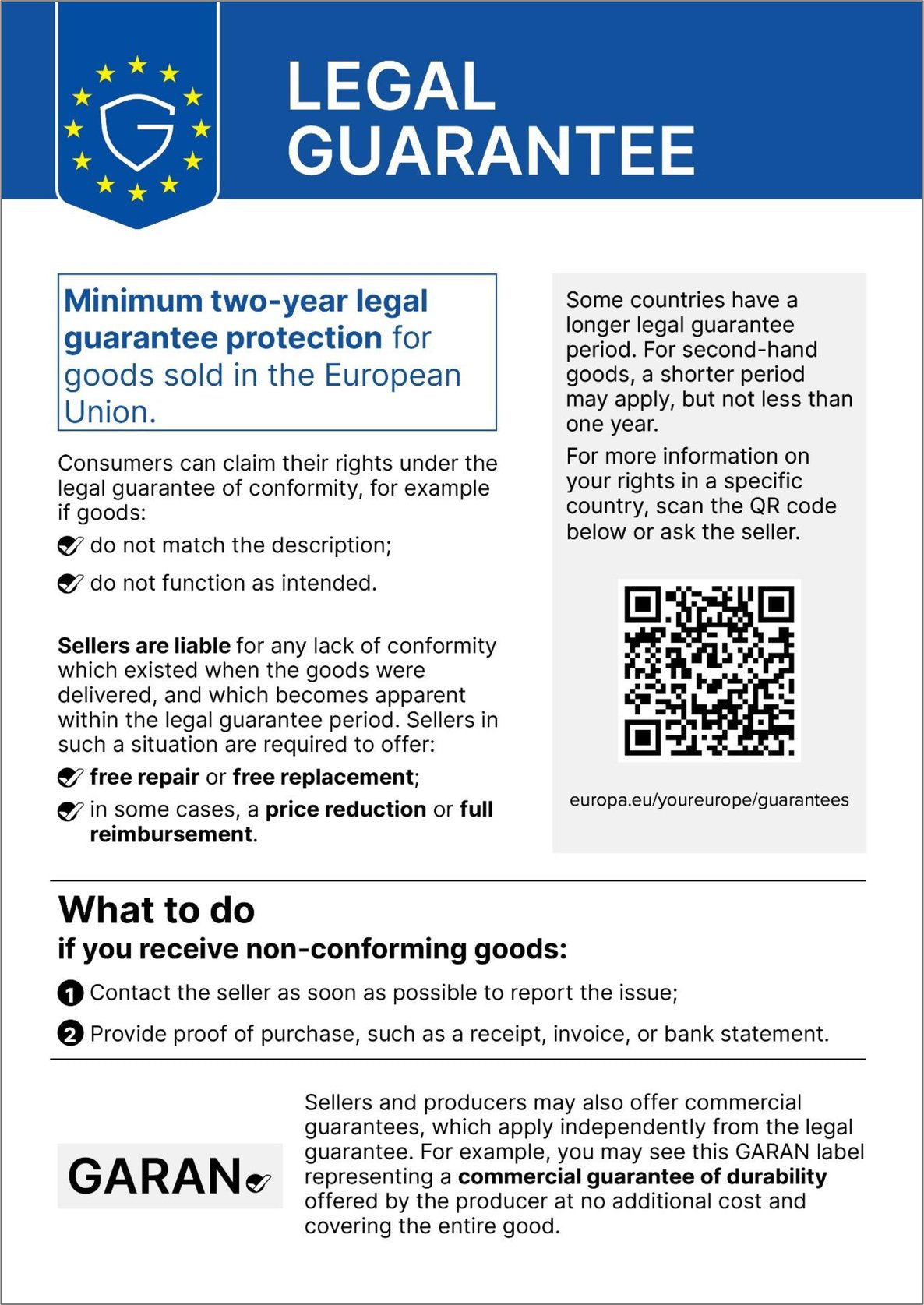 EU notice on the legal guarantee: at least two years of protection for goods sold in the European Union.
