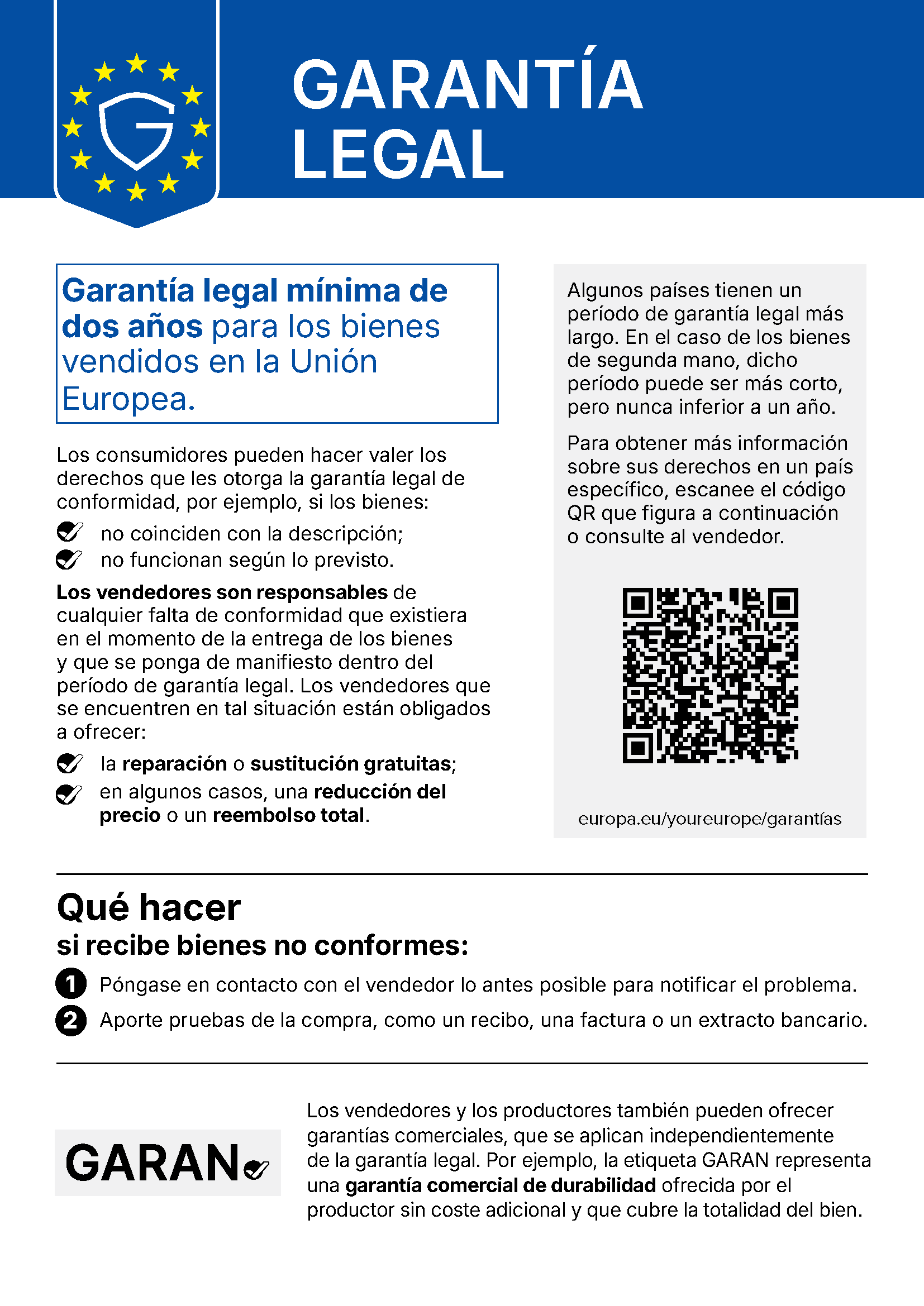 Aviso de la UE sobre la garantía legal: al menos dos años de protección para los bienes vendidos en la Unión Europea.