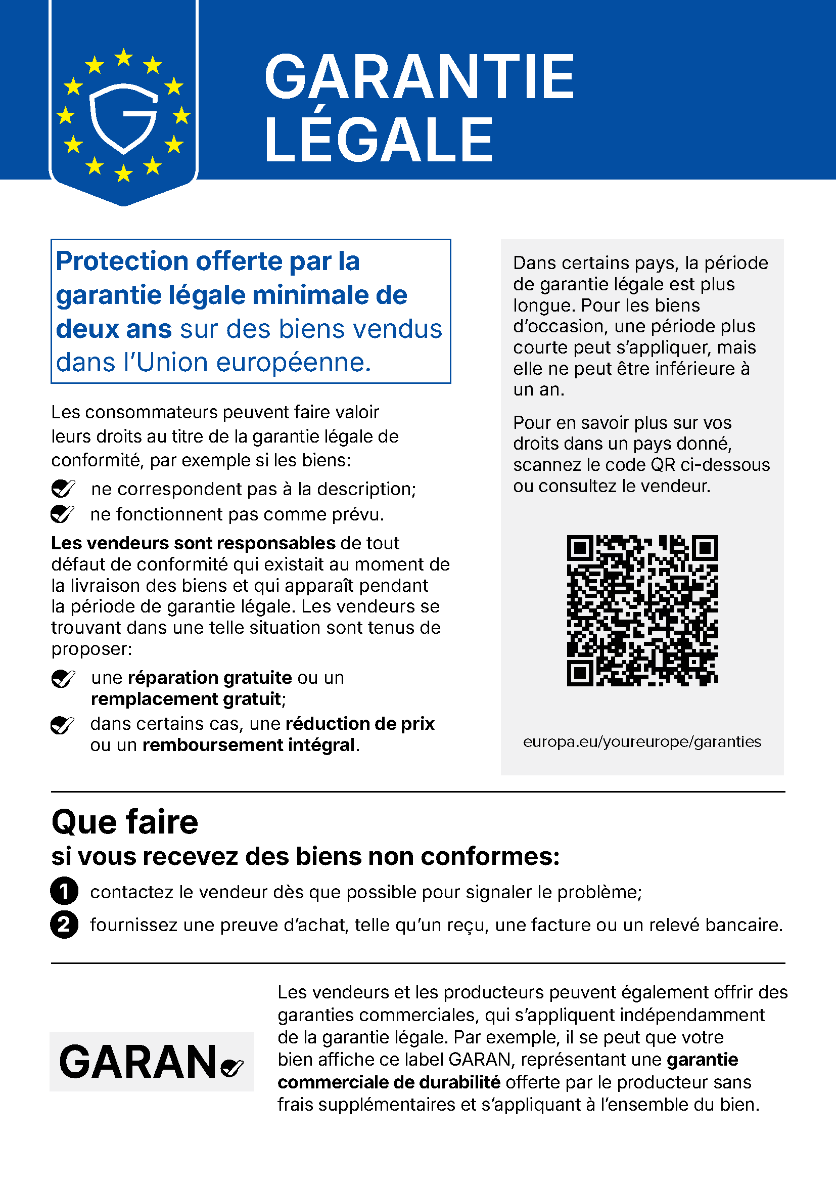 Avis de l'UE sur la garantie légale : au moins deux ans de protection pour les biens vendus dans l'Union européenne.