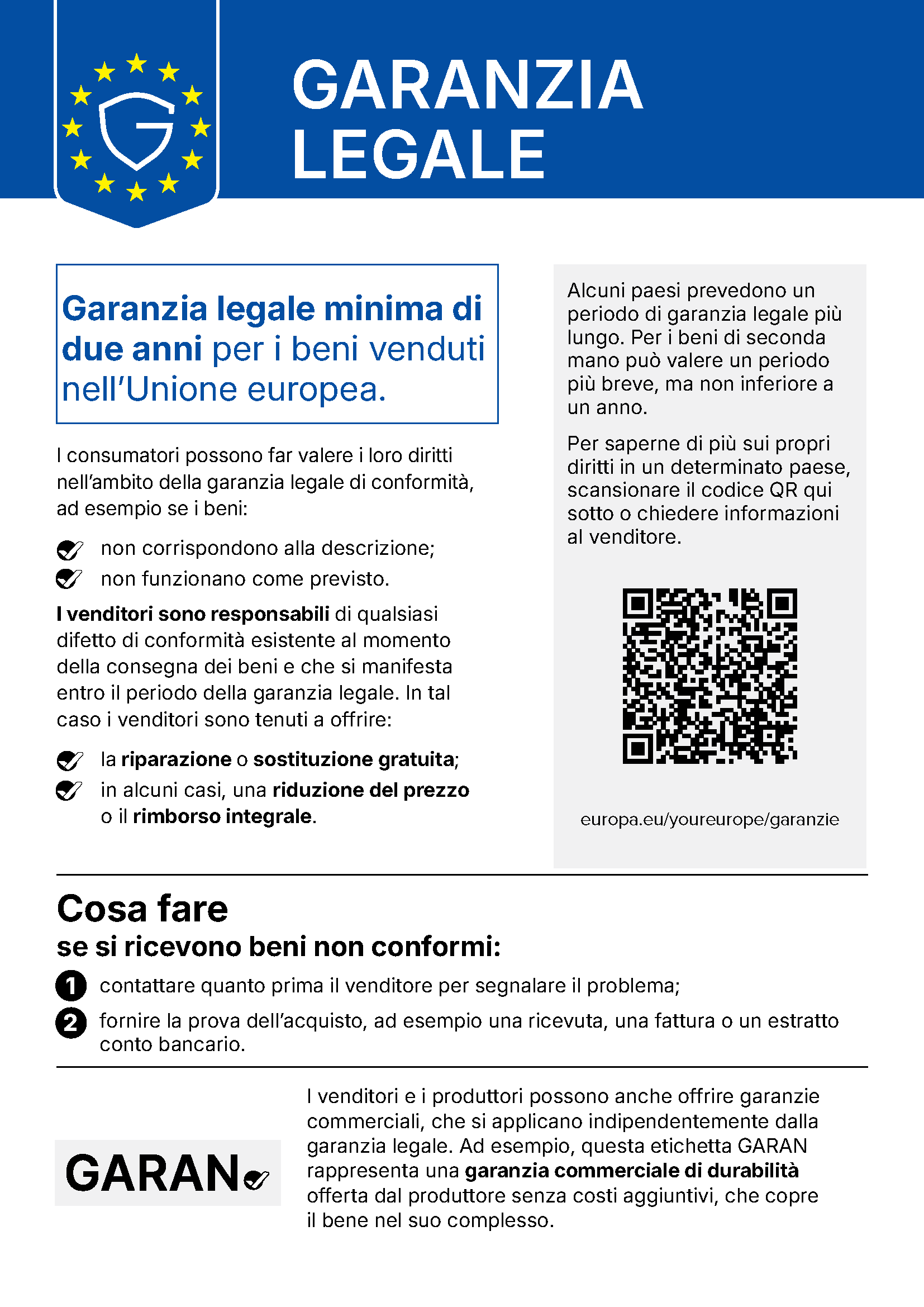 Avviso UE sulla garanzia legale: almeno due anni di protezione per i beni venduti nell'Unione europea.