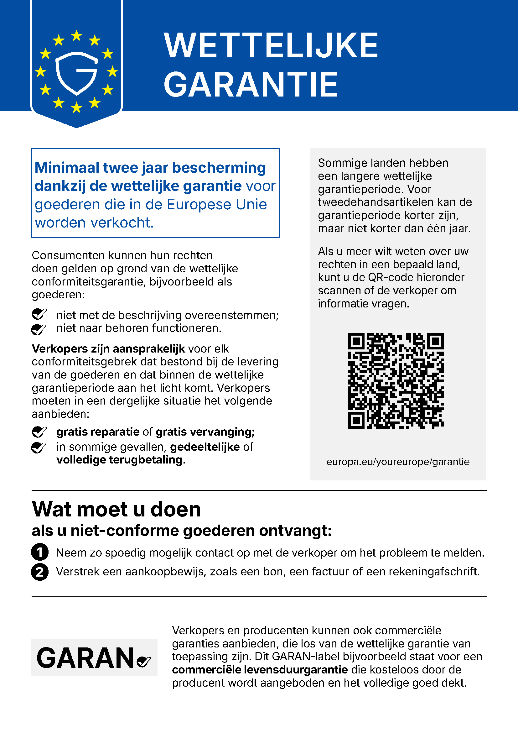EU-kennisgeving over de wettelijke garantie: minimaal twee jaar bescherming voor producten die in de Europese Unie worden verkocht.