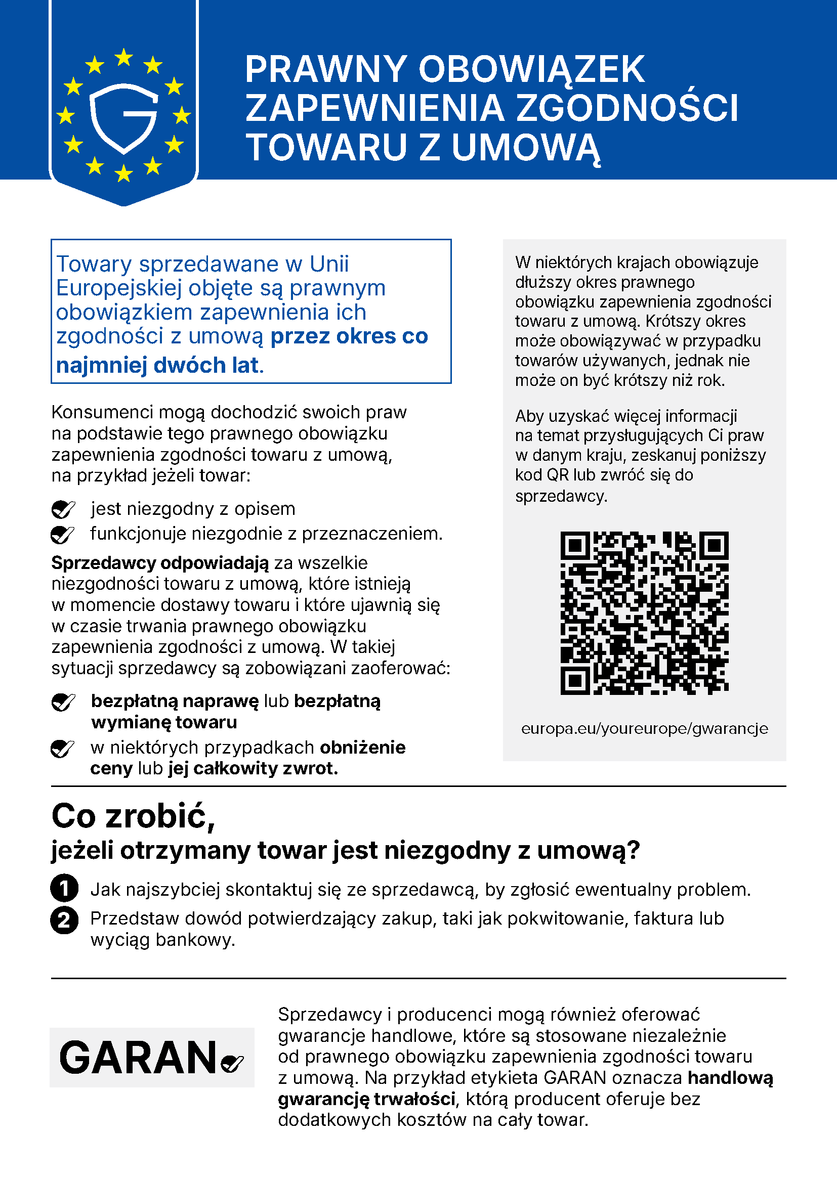 Informacja UE o zgodności towaru z umową: co najmniej dwa lata ochrony dla towarów sprzedawanych w Unii Europejskiej.