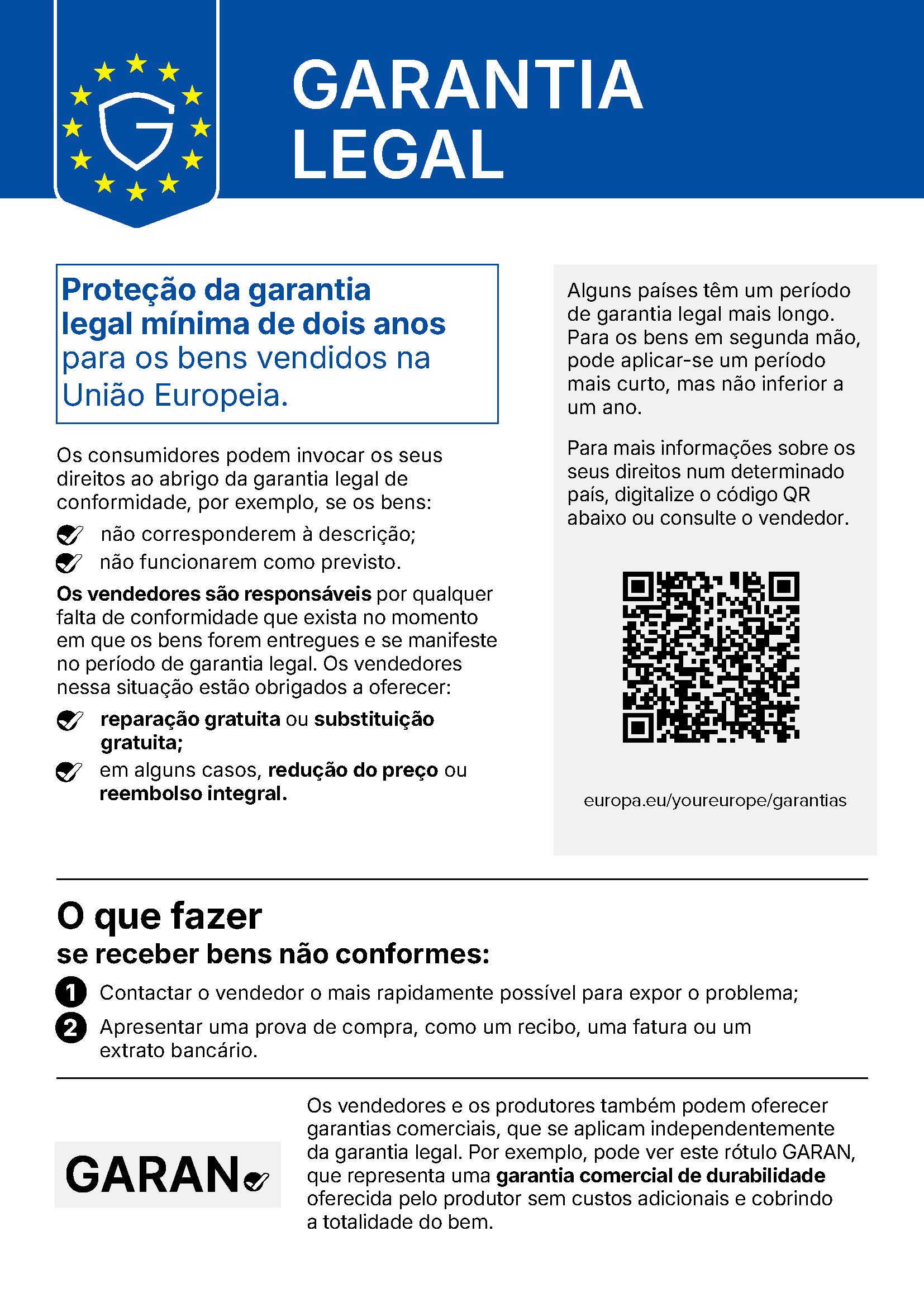 Aviso da UE sobre a garantia legal: pelo menos dois anos de proteção para os bens vendidos na União Europeia.
