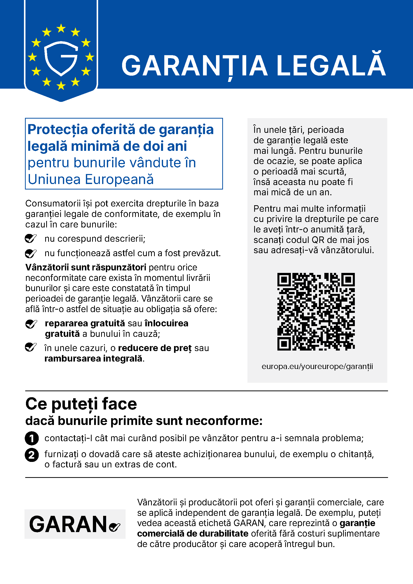 Notificarea UE privind garanția legală: cel puțin doi ani de protecție pentru bunurile vândute în Uniunea Europeană.