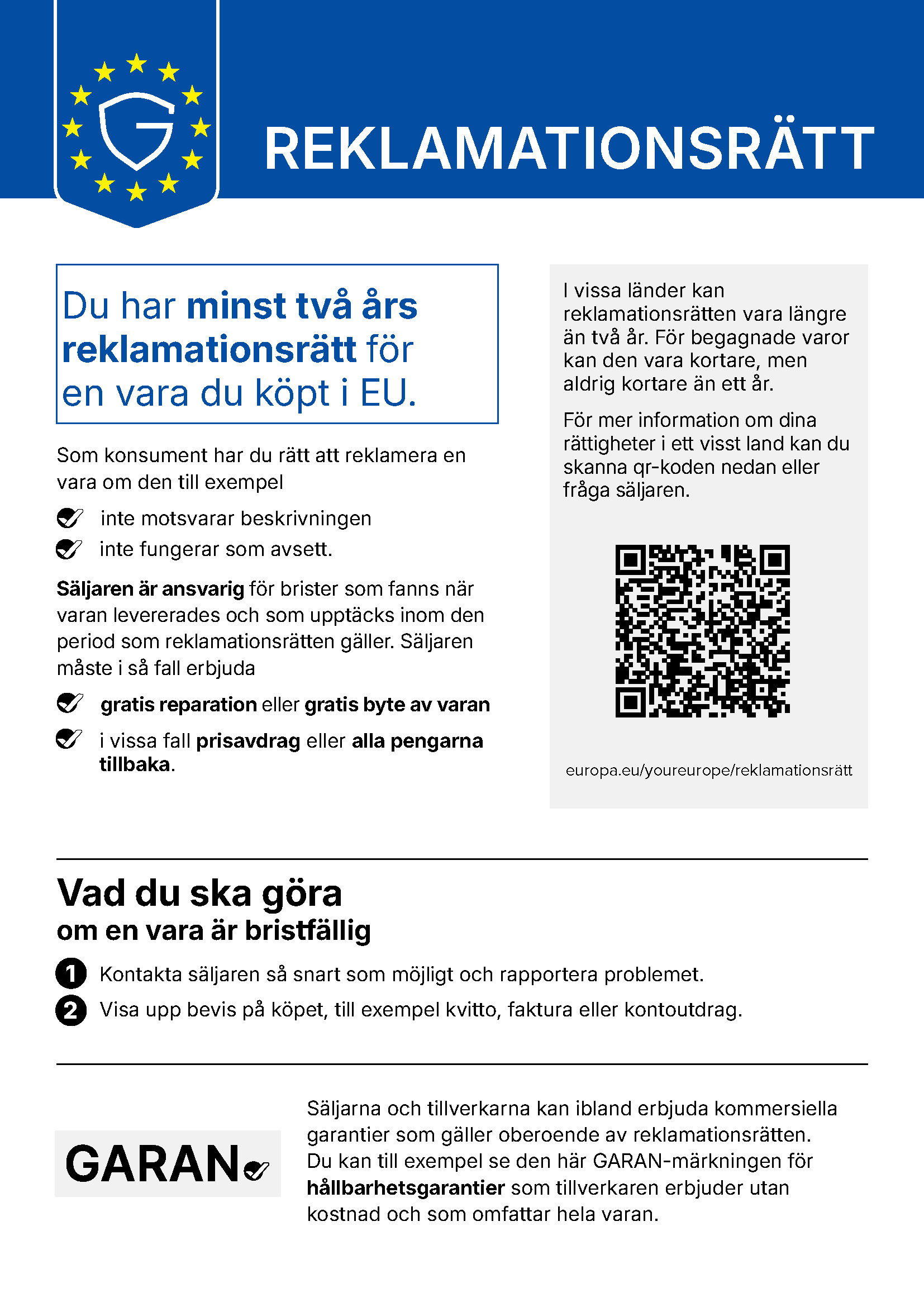 EU-information om reklamationsrätt: minst två års skydd för varor som säljs i Europeiska unionen.